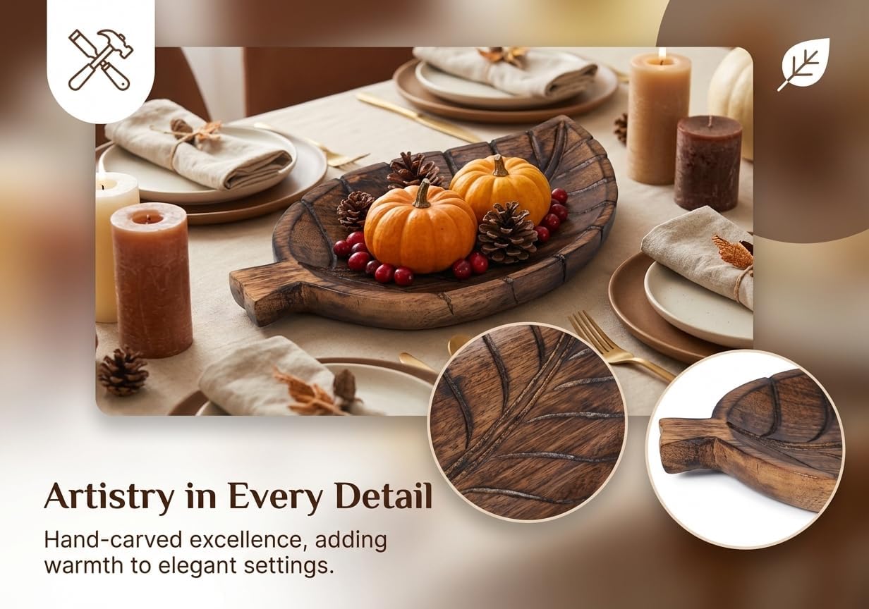 STORE INDYA Handmade Floral Carved Wooden Jewelry Box, Multipurpose Antique Trinket Organizer Keepsake Treasure Box for Women Girls, Decor Gifts (Serving Tray - Leaf Design)