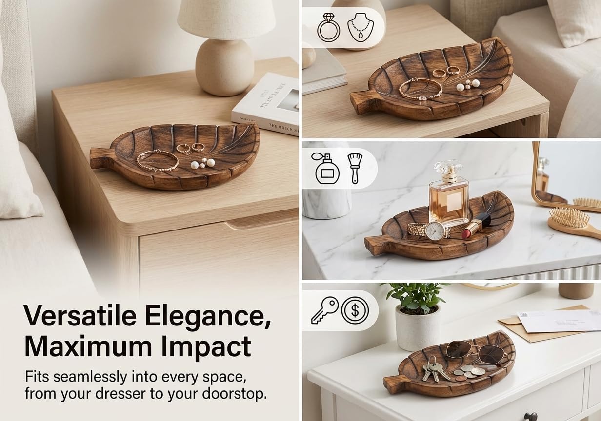 STORE INDYA Handmade Floral Carved Wooden Jewelry Box, Multipurpose Antique Trinket Organizer Keepsake Treasure Box for Women Girls, Decor Gifts (Serving Tray - Leaf Design)
