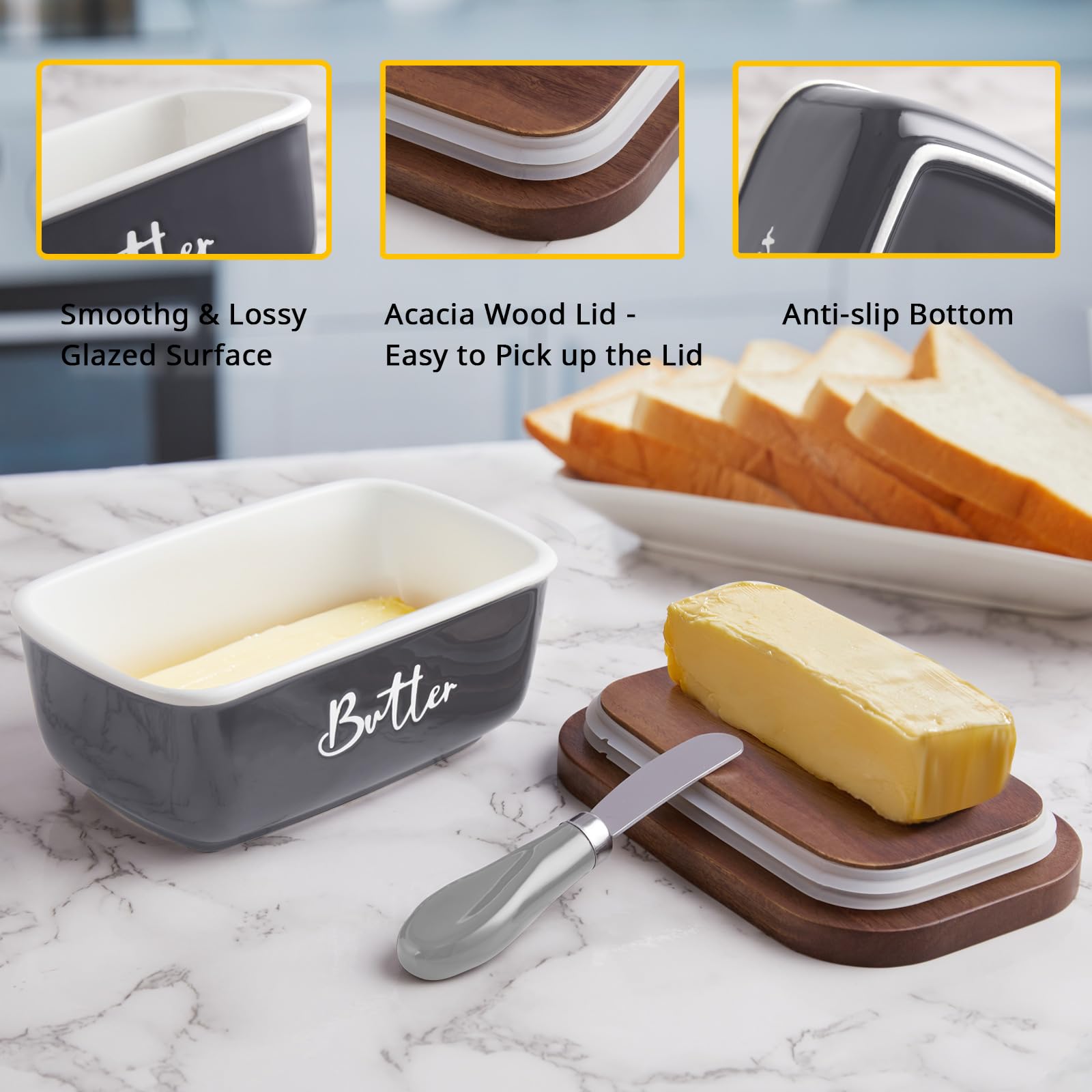 Ceramic Butter Dish with Lid and Knife for Countertop, Airtight Butter Keeper for Counter or Fridge, Butter Container