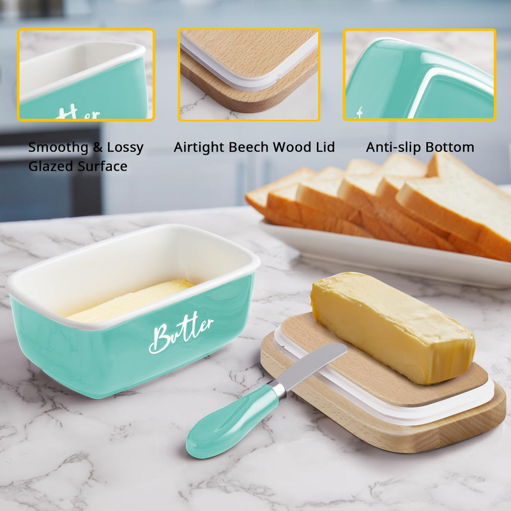 Ceramic Butter Dish with Lid and Knife for Countertop, Airtight Butter Keeper for Counter or Fridge, Butter Container