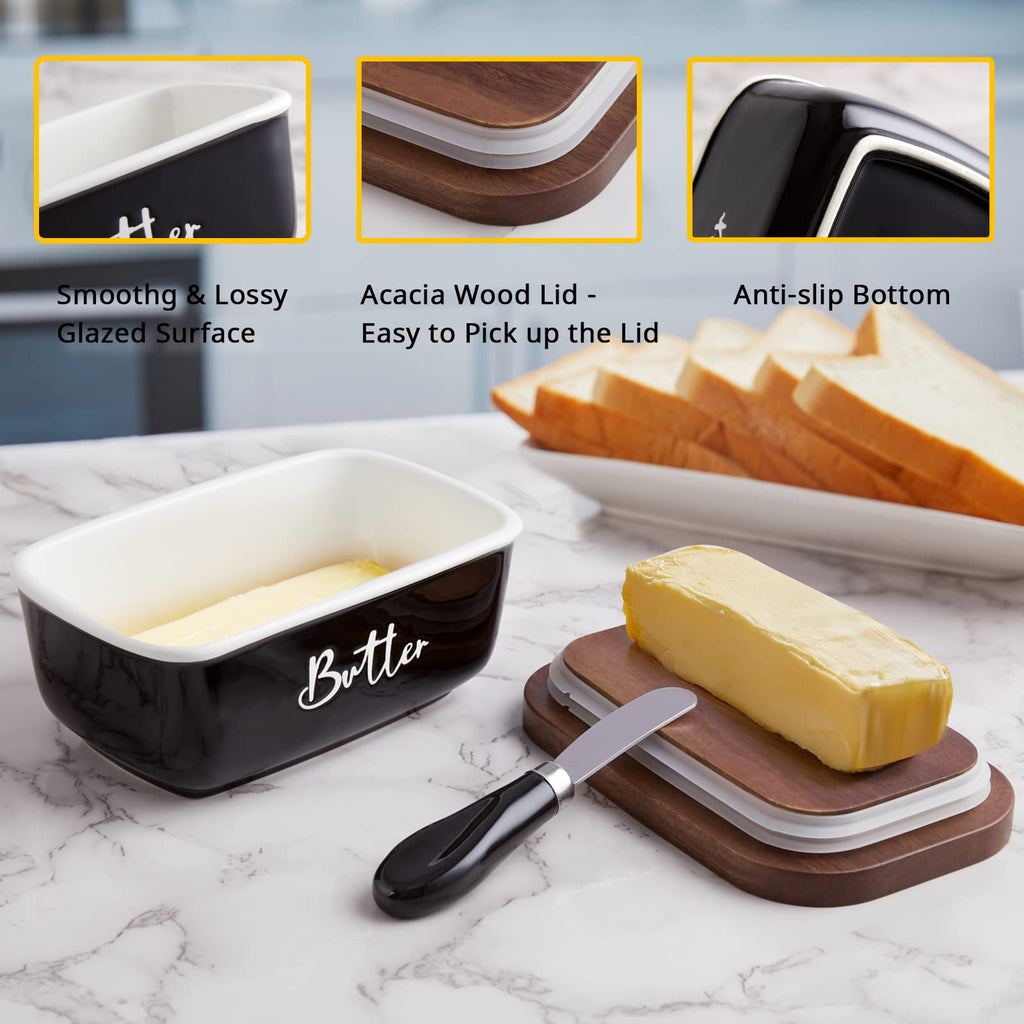 Ceramic Butter Dish with Lid and Knife for Countertop, Airtight Butter Keeper for Counter or Fridge, Butter Container