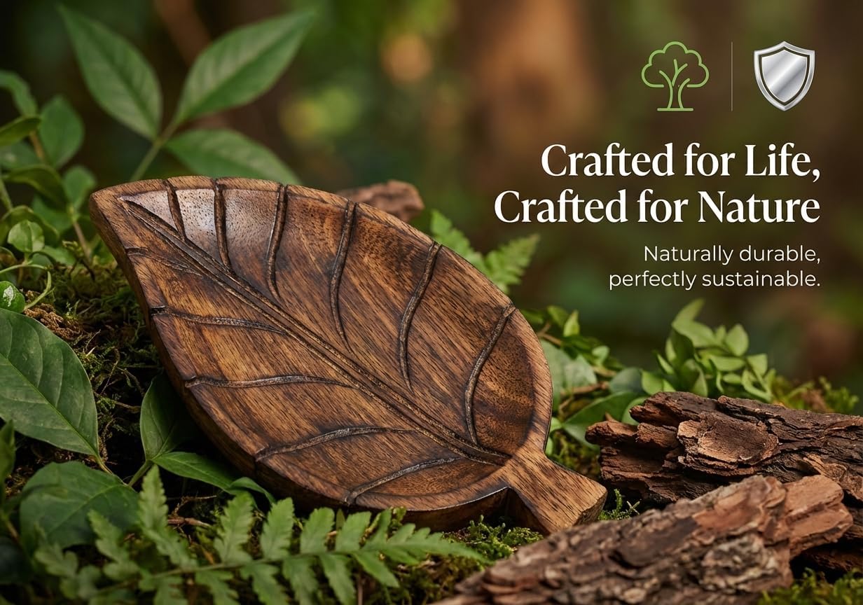 STORE INDYA Handmade Floral Carved Wooden Jewelry Box, Multipurpose Antique Trinket Organizer Keepsake Treasure Box for Women Girls, Decor Gifts (Serving Tray - Leaf Design)