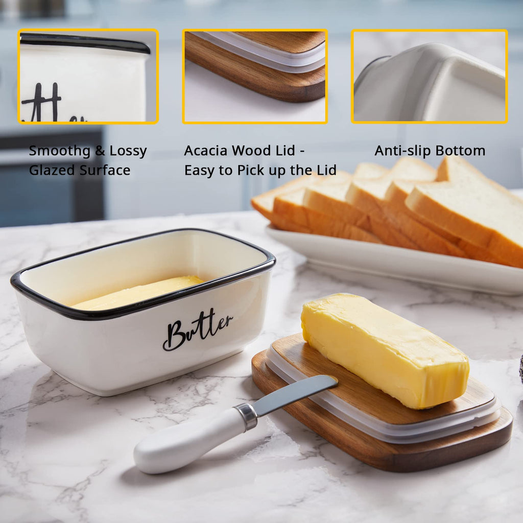 Ceramic Butter Dish with Lid and Knife for Countertop, Airtight Butter Keeper for Counter or Fridge, Butter Container