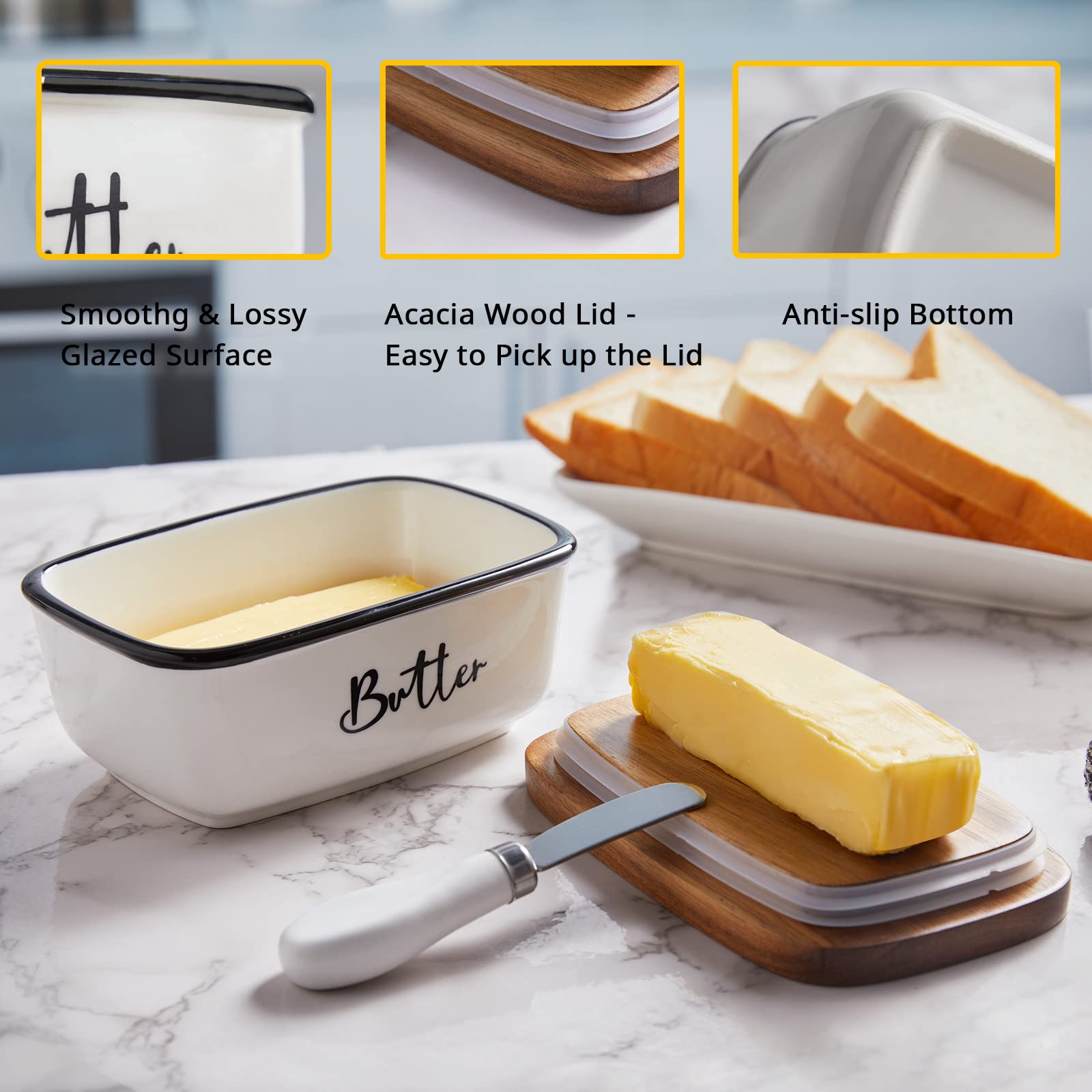 Ceramic Butter Dish with Lid and Knife for Countertop, Airtight Butter Keeper for Counter or Fridge, Butter Container