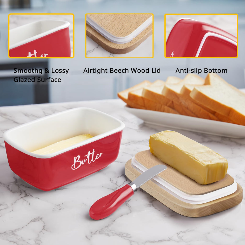 Ceramic Butter Dish with Lid and Knife for Countertop, Airtight Butter Keeper for Counter or Fridge, Butter Container