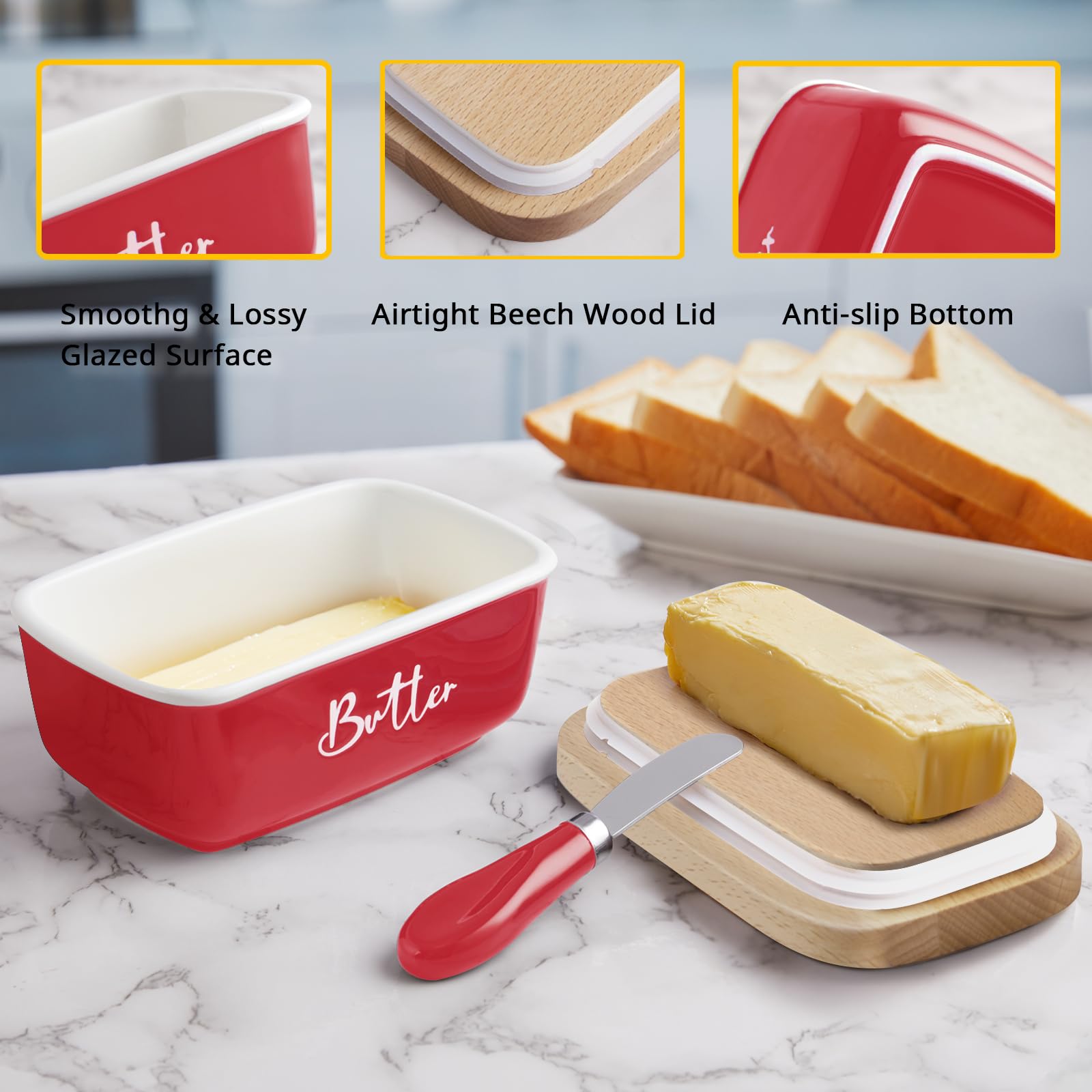 Ceramic Butter Dish with Lid and Knife for Countertop, Airtight Butter Keeper for Counter or Fridge, Butter Container