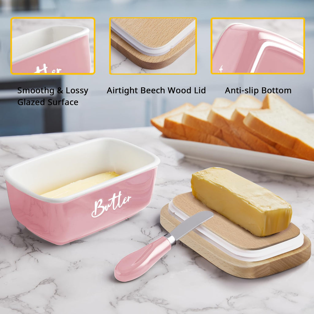 Ceramic Butter Dish with Lid and Knife for Countertop, Airtight Butter Keeper for Counter or Fridge, Butter Container