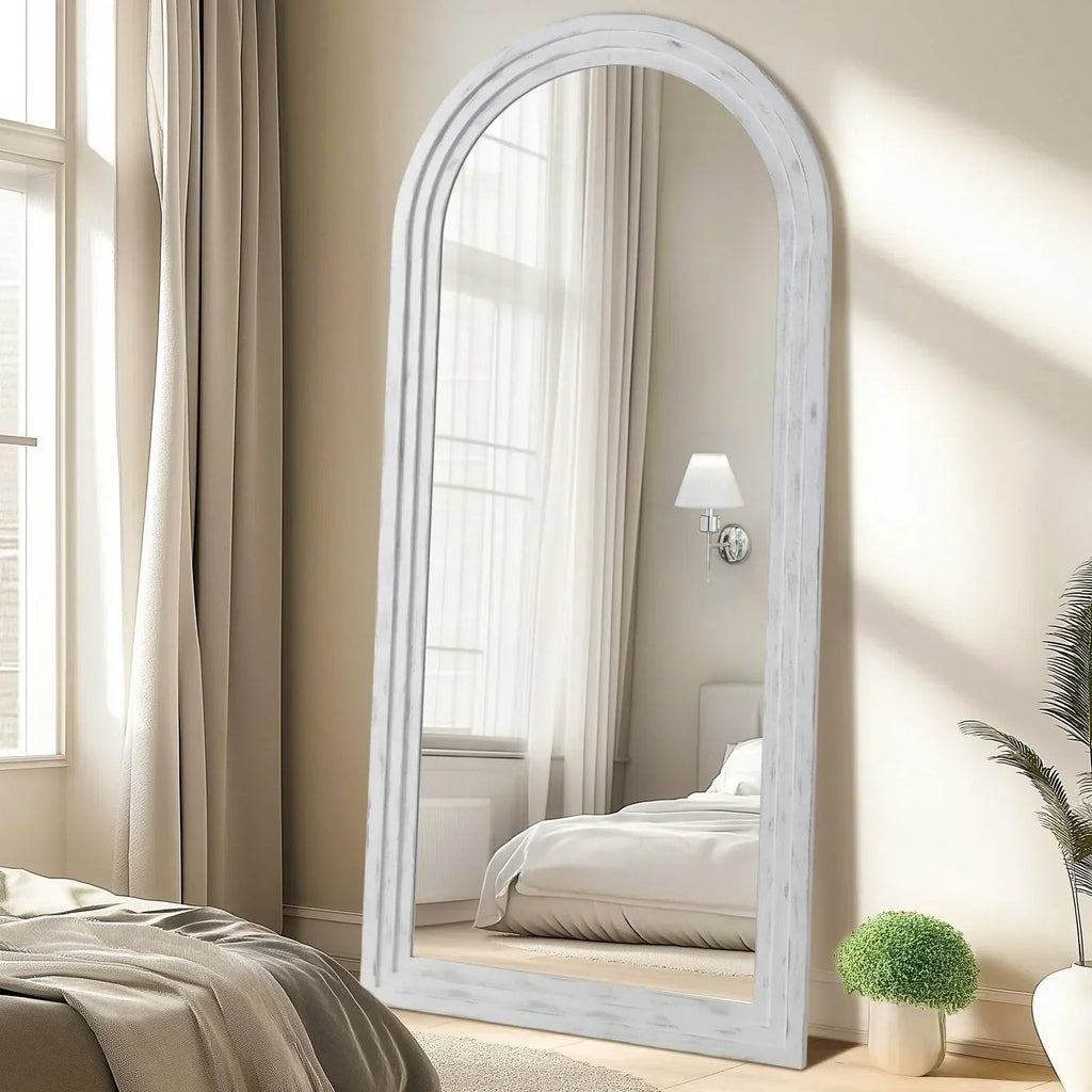 MELOMOIR Arched Full Length Mirror with Solid Wood Frame, Rustic Farmhouse Floor Mirror with Stand, Free Standing Leaning Hanging, for Bedroom Living Room Dressing Room