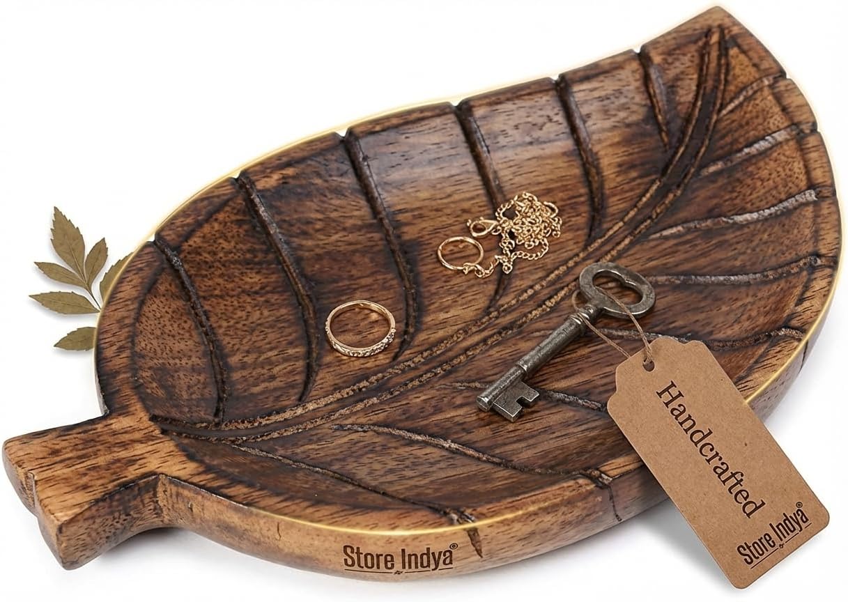 STORE INDYA Handmade Floral Carved Wooden Jewelry Box, Multipurpose Antique Trinket Organizer Keepsake Treasure Box for Women Girls, Decor Gifts (Serving Tray - Leaf Design)