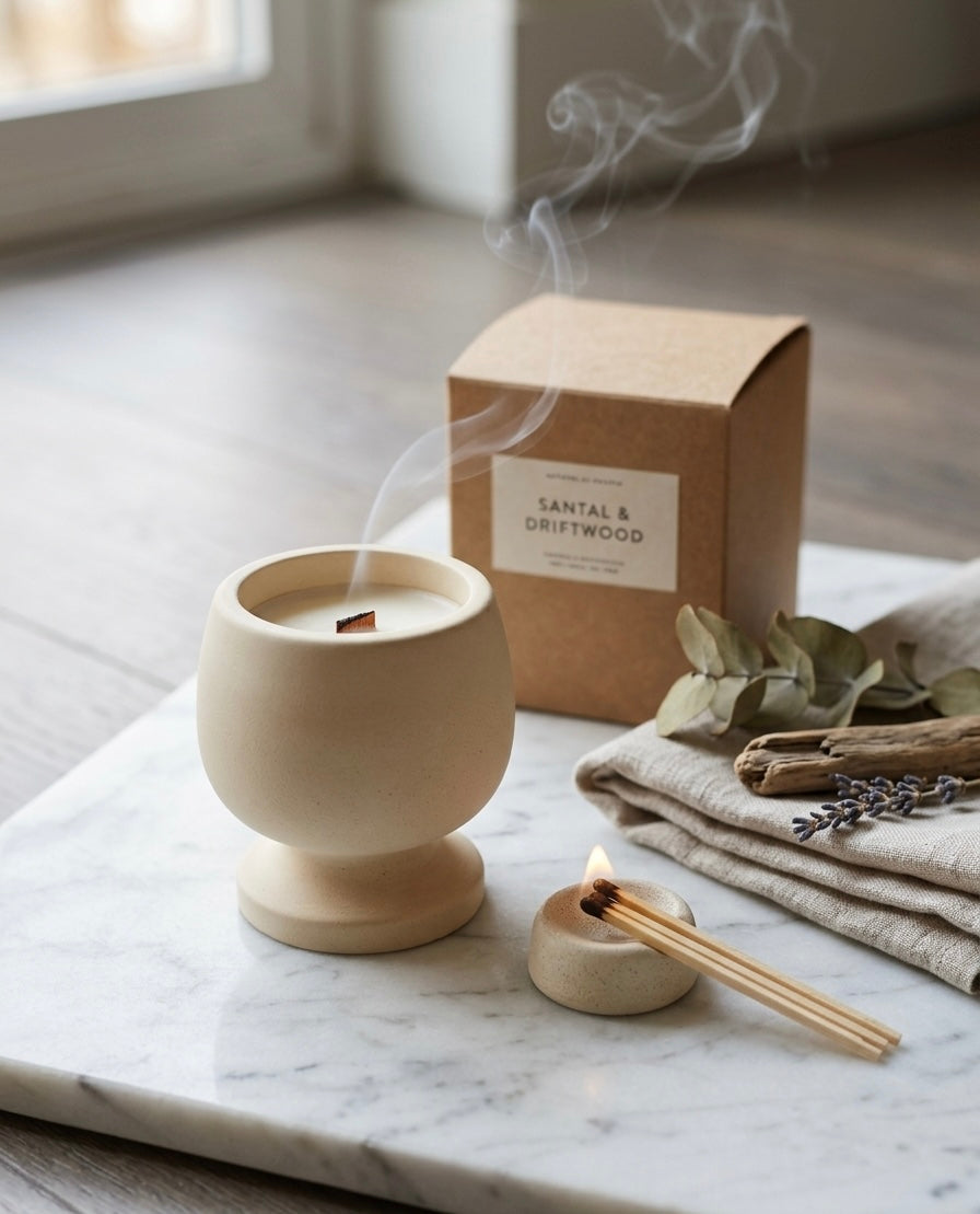 Jesmonite Pedestal Candle – Hand-Poured Soy Wax & Crackling Wood Wick