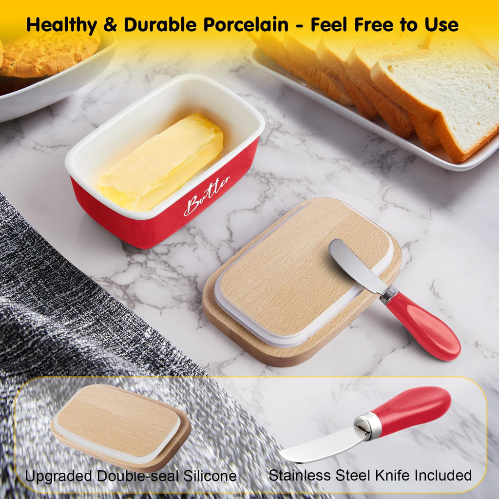 Ceramic Butter Dish with Lid and Knife for Countertop, Airtight Butter Keeper for Counter or Fridge, Butter Container