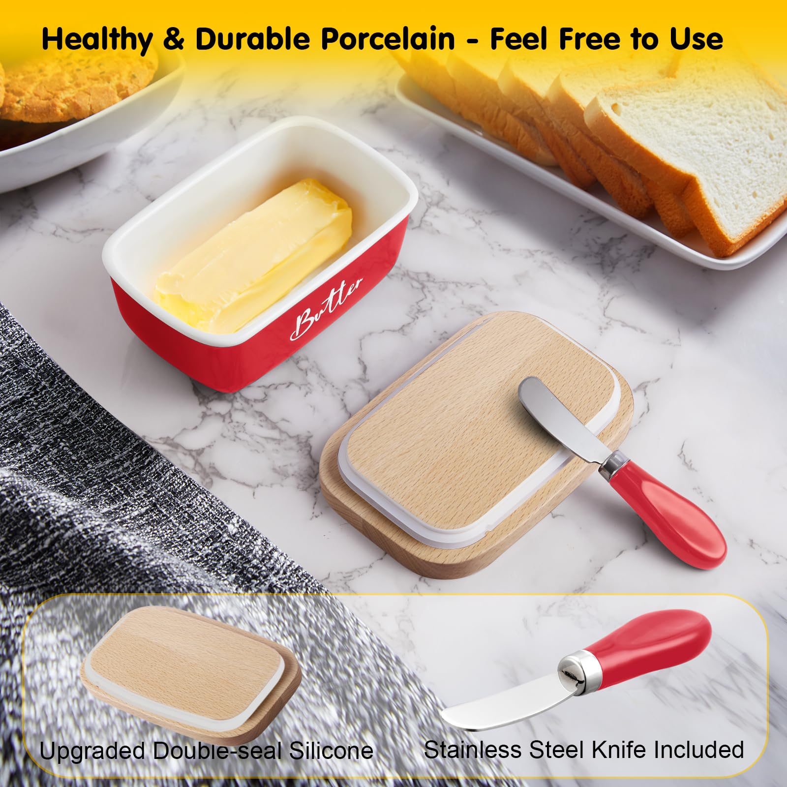 Ceramic Butter Dish with Lid and Knife for Countertop, Airtight Butter Keeper for Counter or Fridge, Butter Container