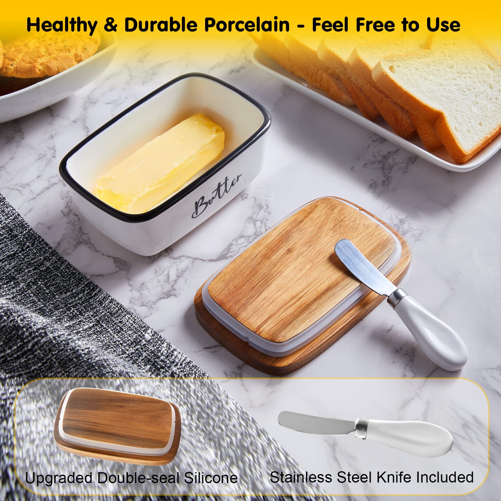 Ceramic Butter Dish with Lid and Knife for Countertop, Airtight Butter Keeper for Counter or Fridge, Butter Container