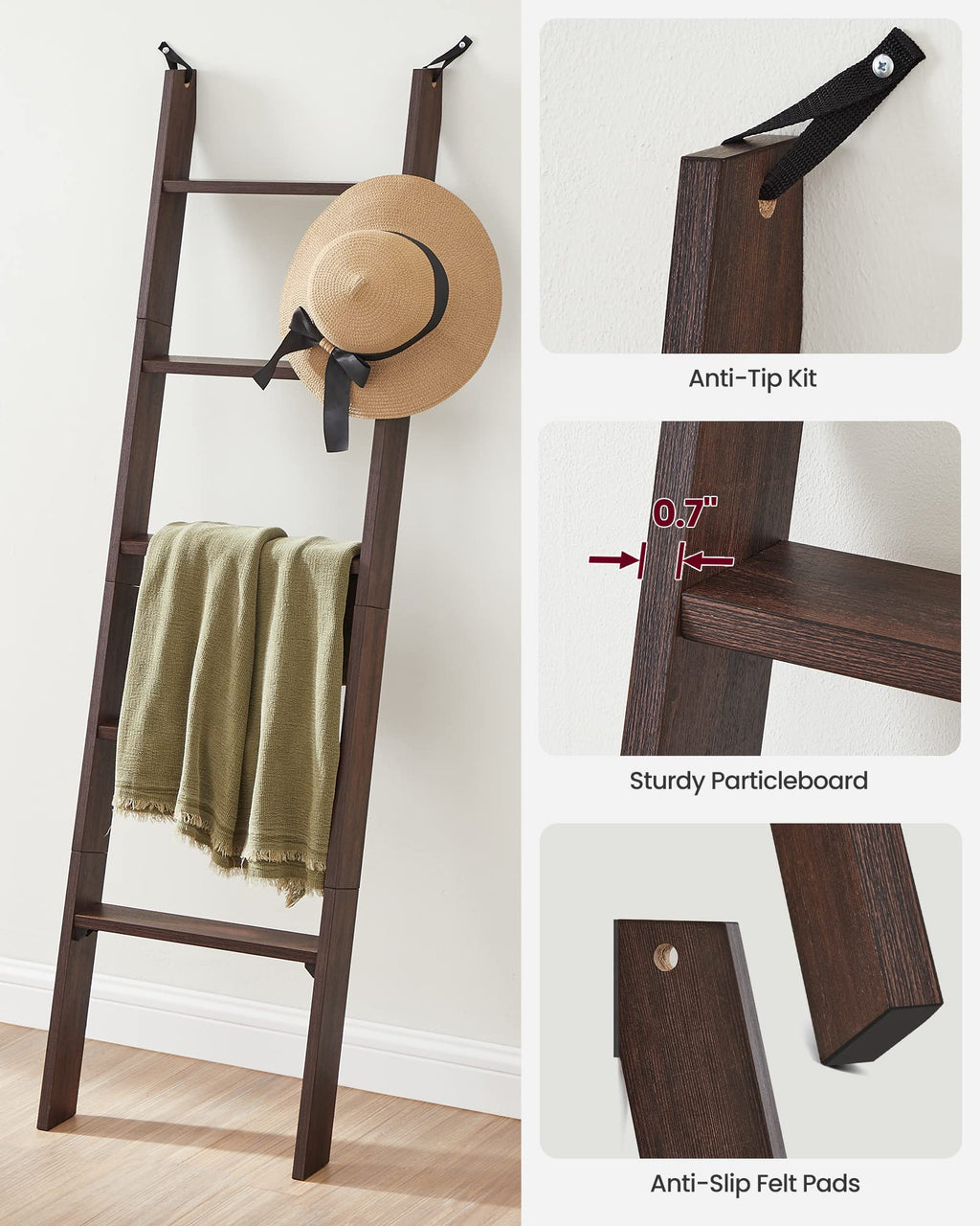 VASAGLE Custos Collection - Blanket Ladder Decorative Farmhouse for the Living Room, 5-Tier Ladder Shelf