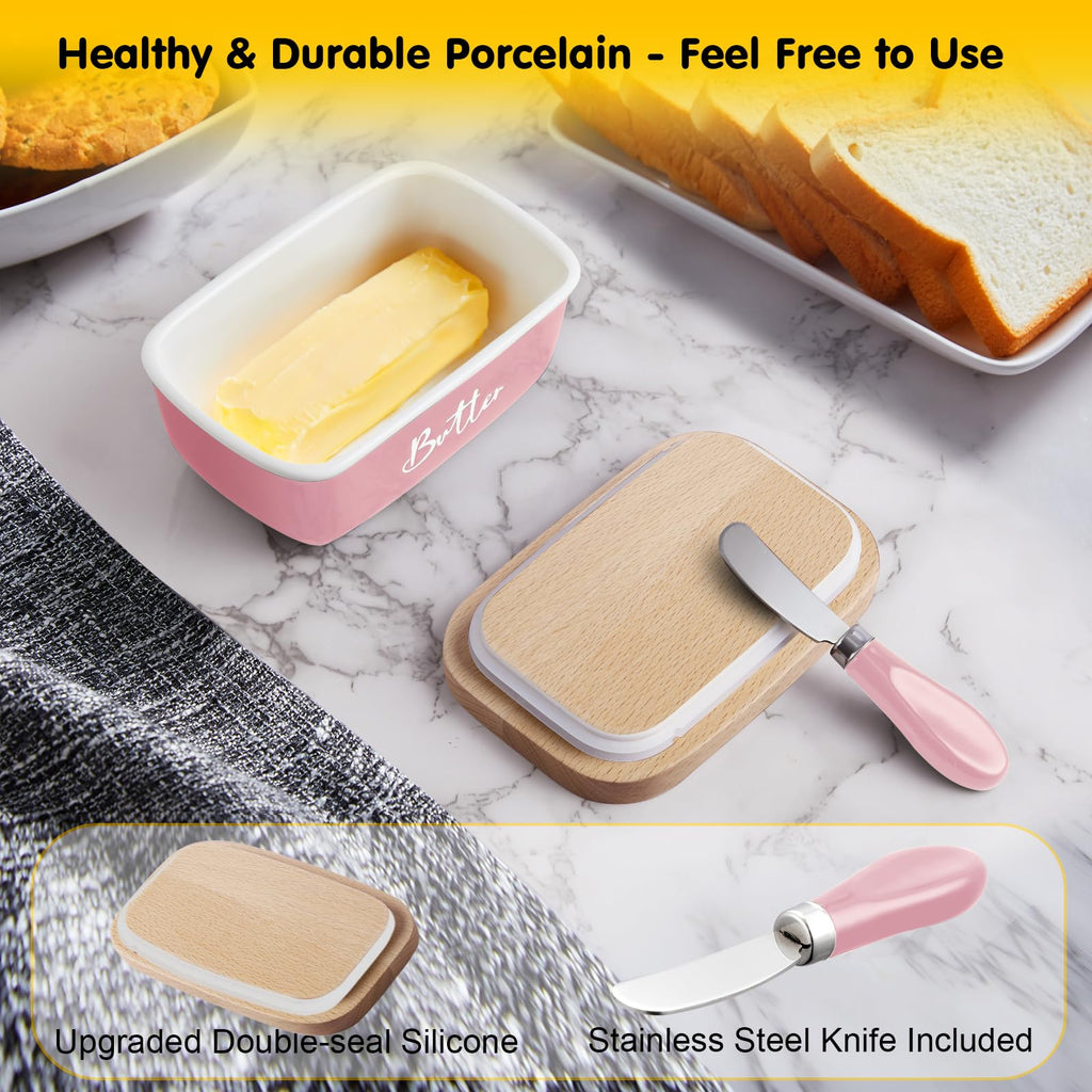 Ceramic Butter Dish with Lid and Knife for Countertop, Airtight Butter Keeper for Counter or Fridge, Butter Container