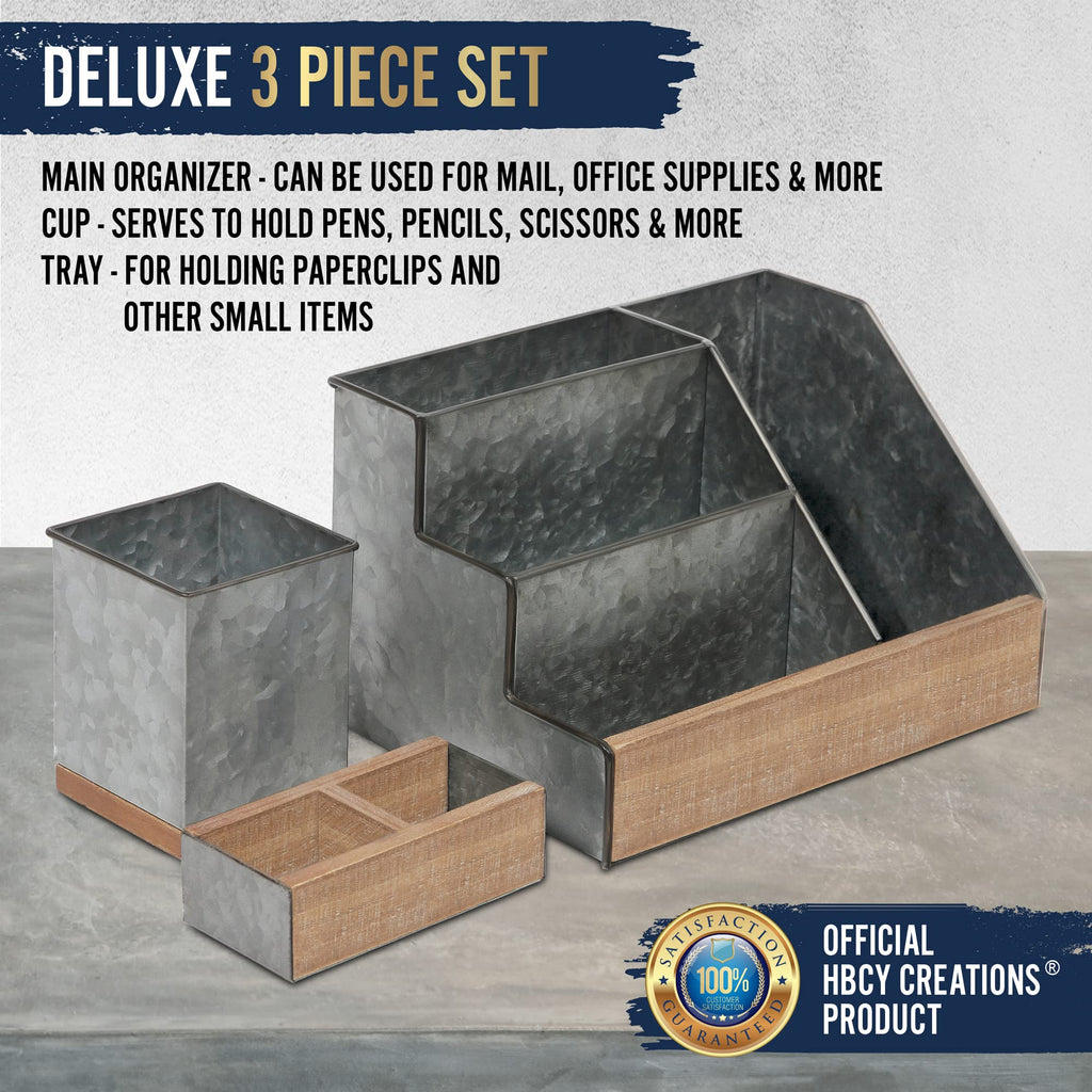 HBCY Creations Rustic Wooden Desk Organizer Set, 3-Piece