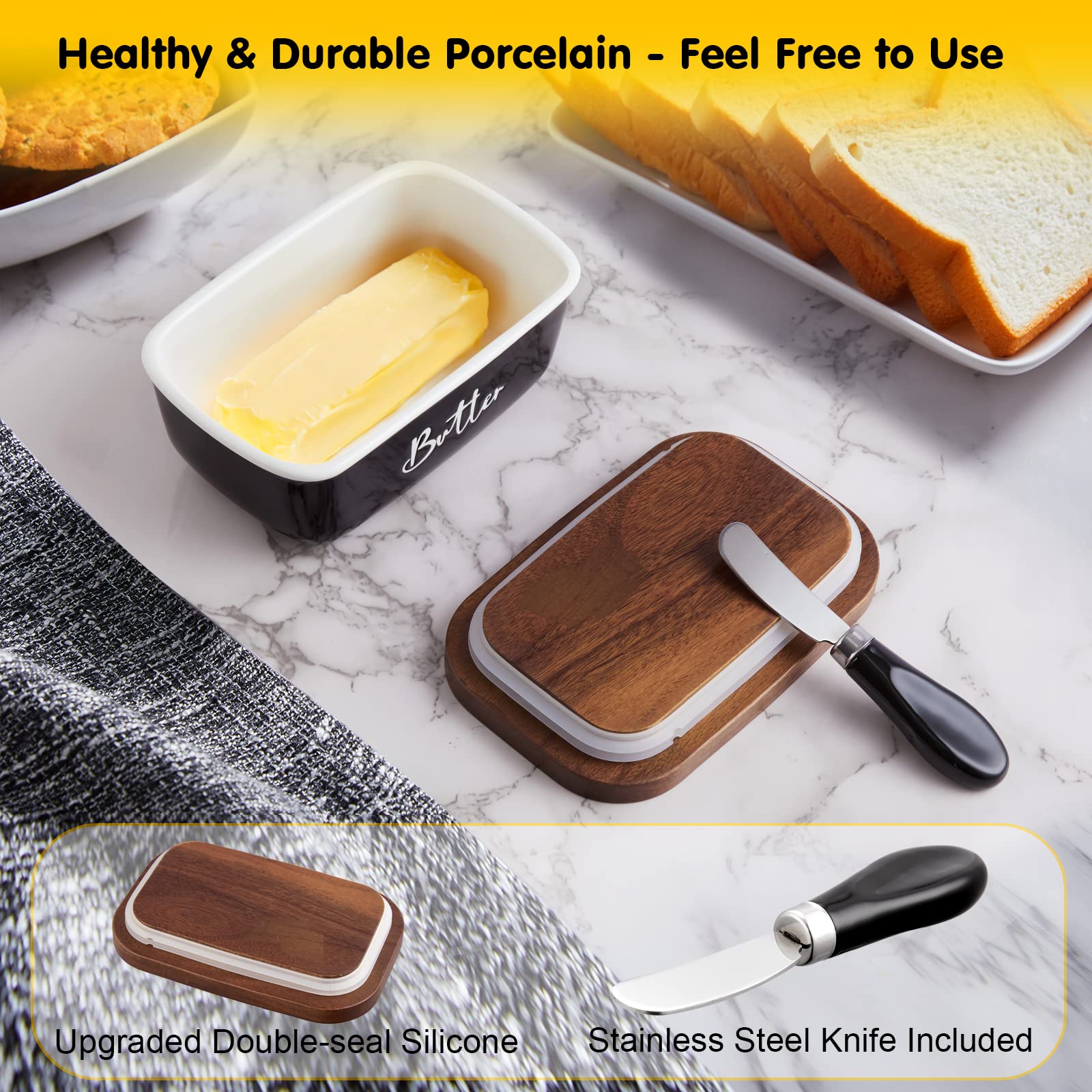 Ceramic Butter Dish with Lid and Knife for Countertop, Airtight Butter Keeper for Counter or Fridge, Butter Container