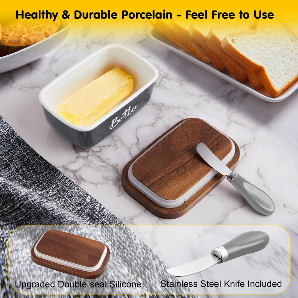 Ceramic Butter Dish with Lid and Knife for Countertop, Airtight Butter Keeper for Counter or Fridge, Butter Container