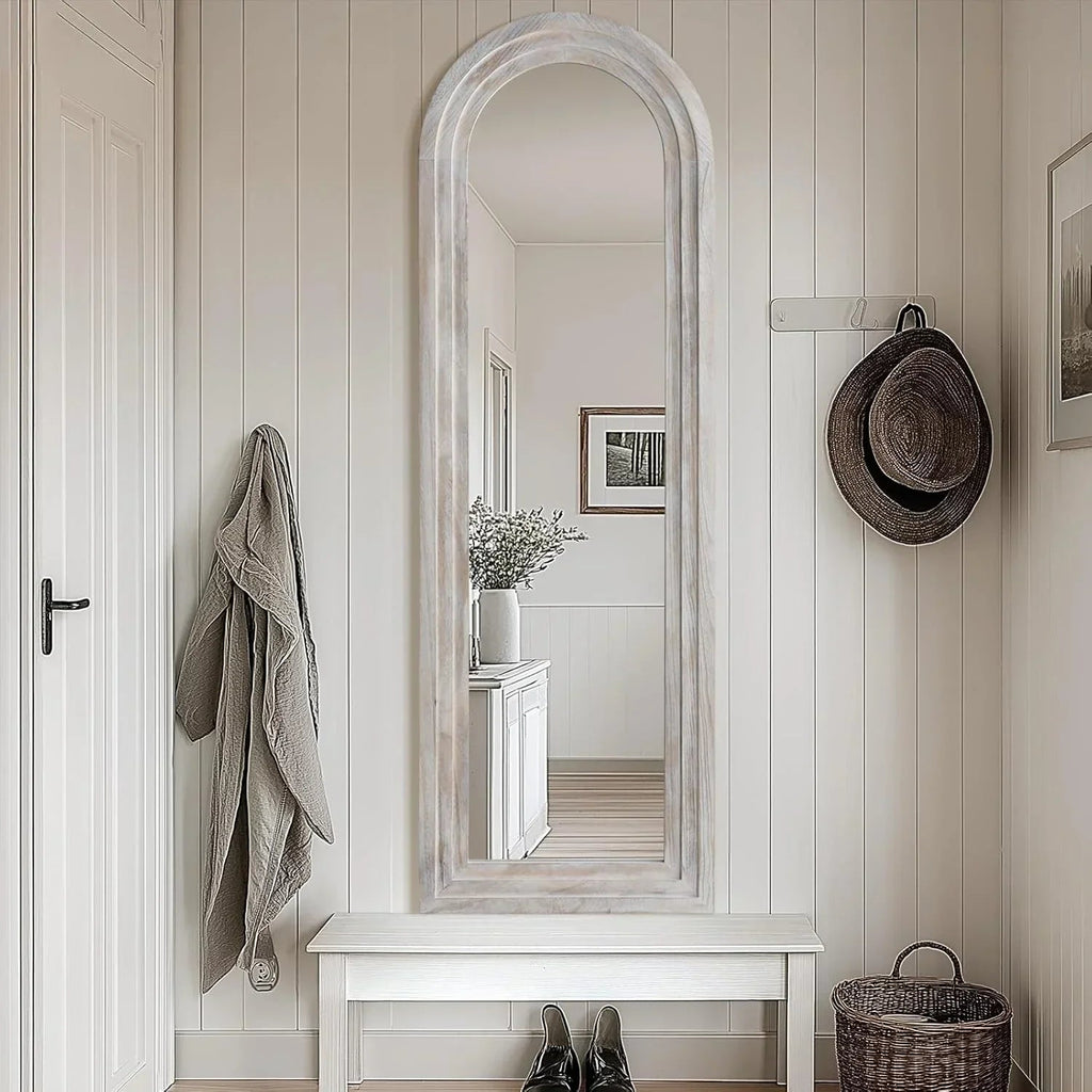 MELOMOIR Arched Full Length Mirror with Solid Wood Frame, Rustic Farmhouse Floor Mirror with Stand, Free Standing Leaning Hanging, for Bedroom Living Room Dressing Room