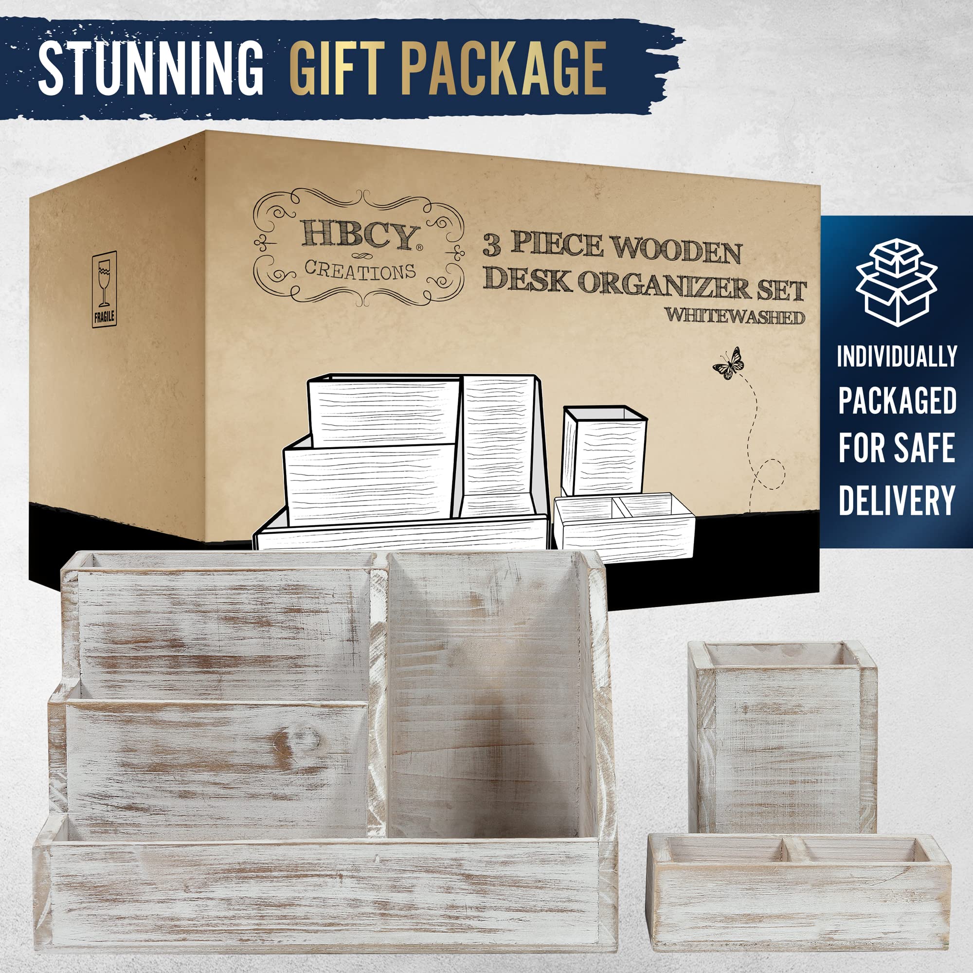 HBCY Creations Rustic Wooden Desk Organizer Set, 3-Piece