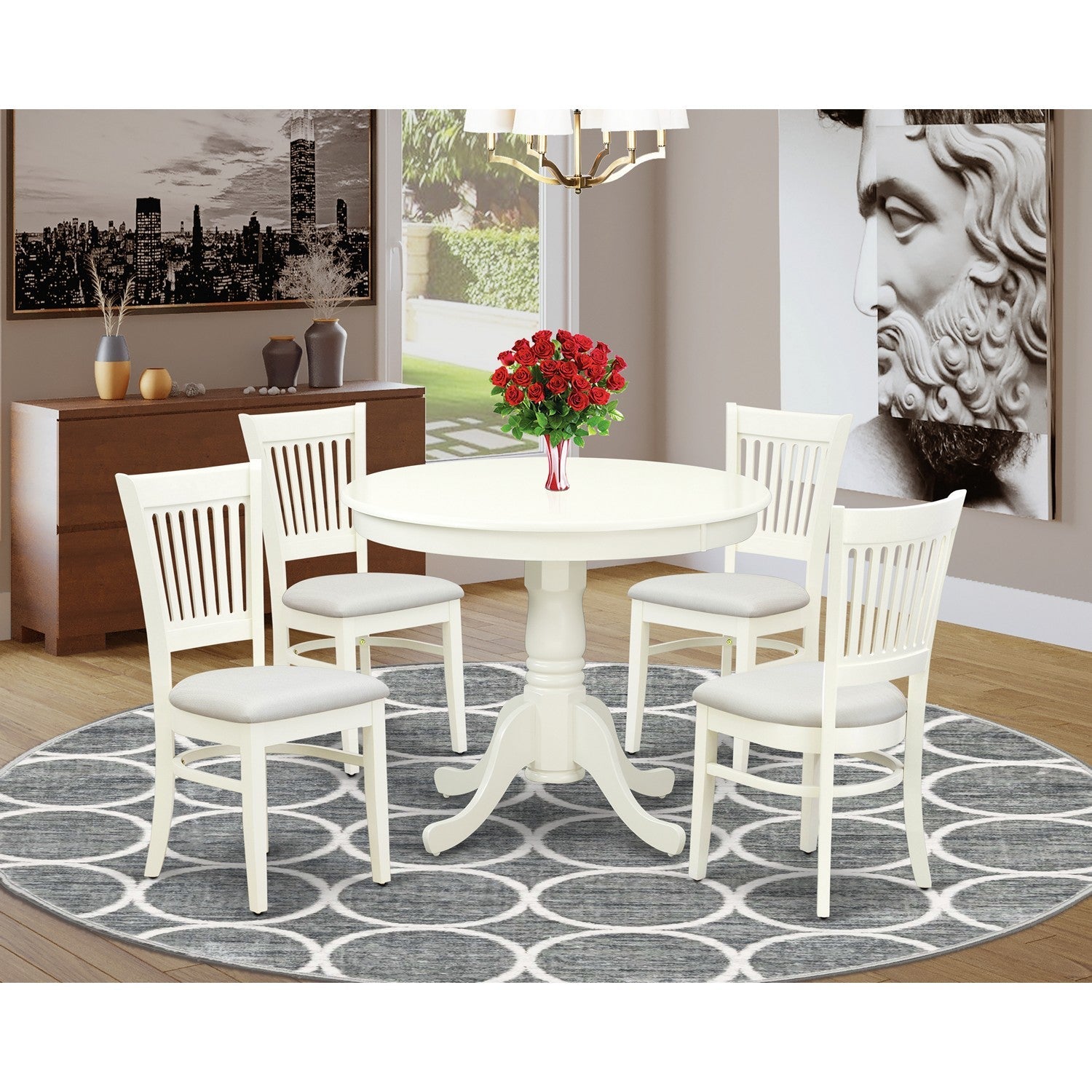 EAST WEST FURNITURE - ANVA5-LWH-C - 5-Piece Dining Table Set- 4 dining room chairs and Wooden Dining Table - Linen Fabric Seat and Slatted Chair Back (linen white Finish)
