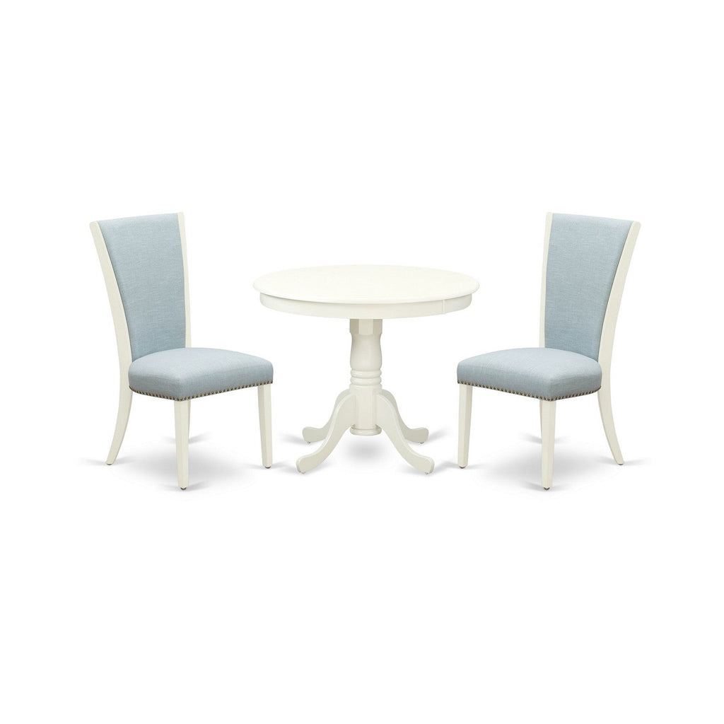 EAST WEST FURNITURE - ANVE3-LWH-15 - 3 Pc Dining Room Set - 2 Baby Blue Linen Fabric Dining Chairs with High Back and 1 Removable leaf Dining Room Table - linen white Finish