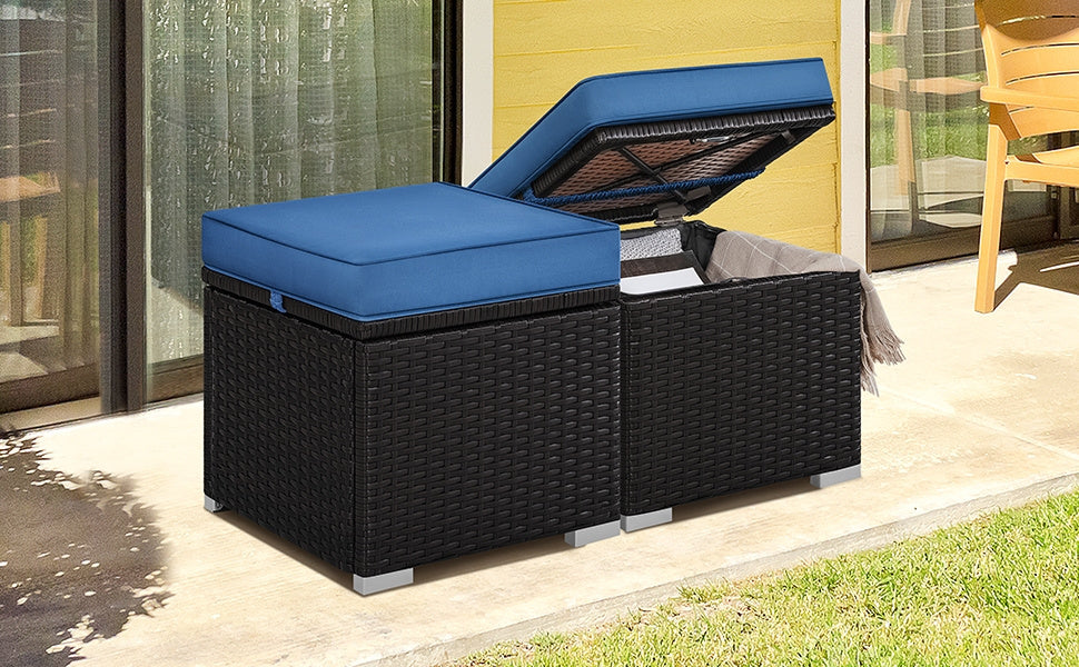Rattan Storage Ottoman Set (2 pcs) – Outdoor Wicker Footstools with Cushions