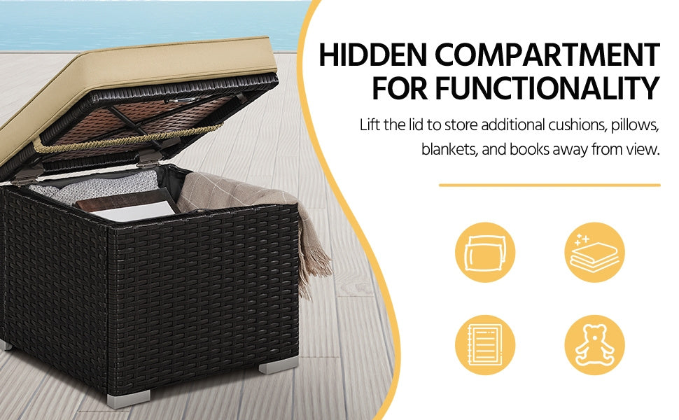 Rattan Storage Ottoman Set (2 pcs) – Outdoor Wicker Footstools with Cushions