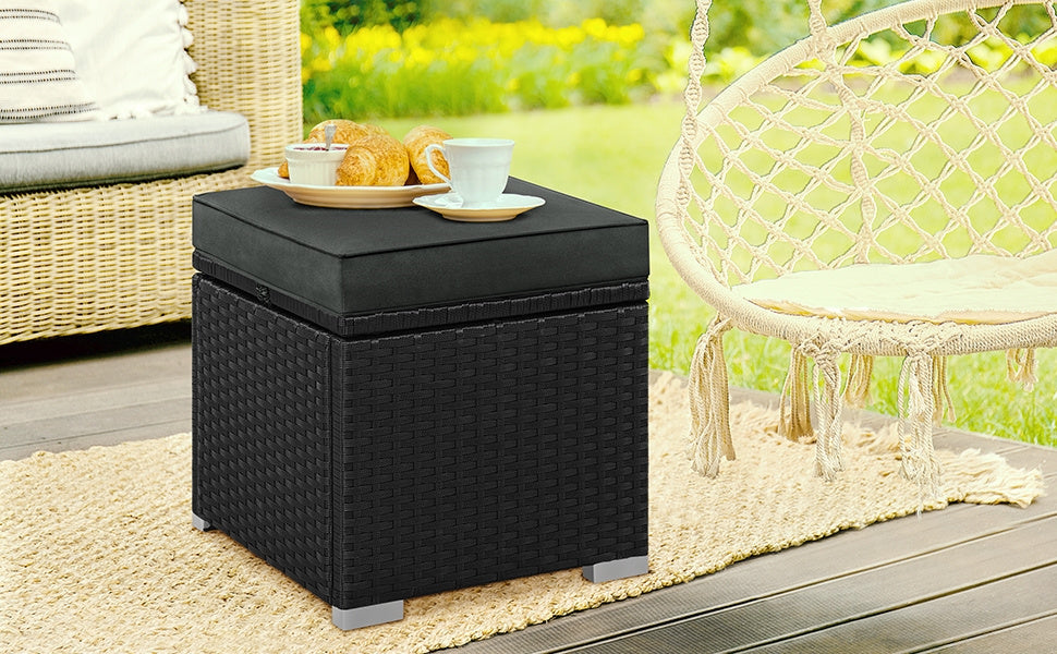 Rattan Storage Ottoman Set (2 pcs) – Outdoor Wicker Footstools with Cushions