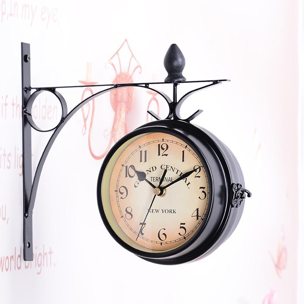 Vintage Retro Trainstation Household Double Sided Bracket Clock Retro Horological Decoration Ornaments Living Room Wall Clock in London Elegant English Style and Design