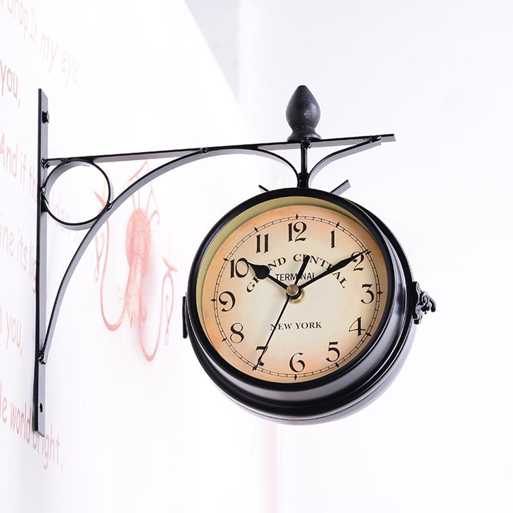 Vintage Retro Trainstation Household Double Sided Bracket Clock Retro Horological Decoration Ornaments Living Room Wall Clock in London Elegant English Style and Design