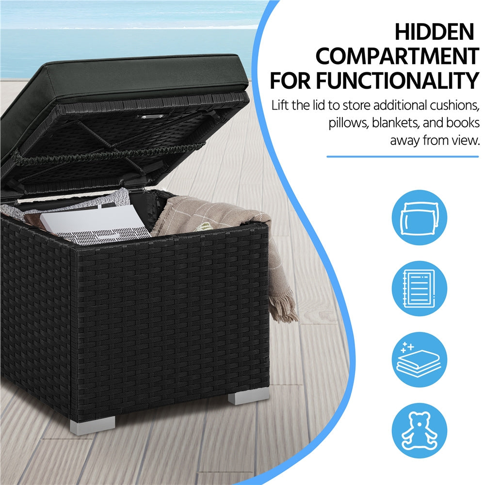 Rattan Storage Ottoman Set (2 pcs) – Outdoor Wicker Footstools with Cushions
