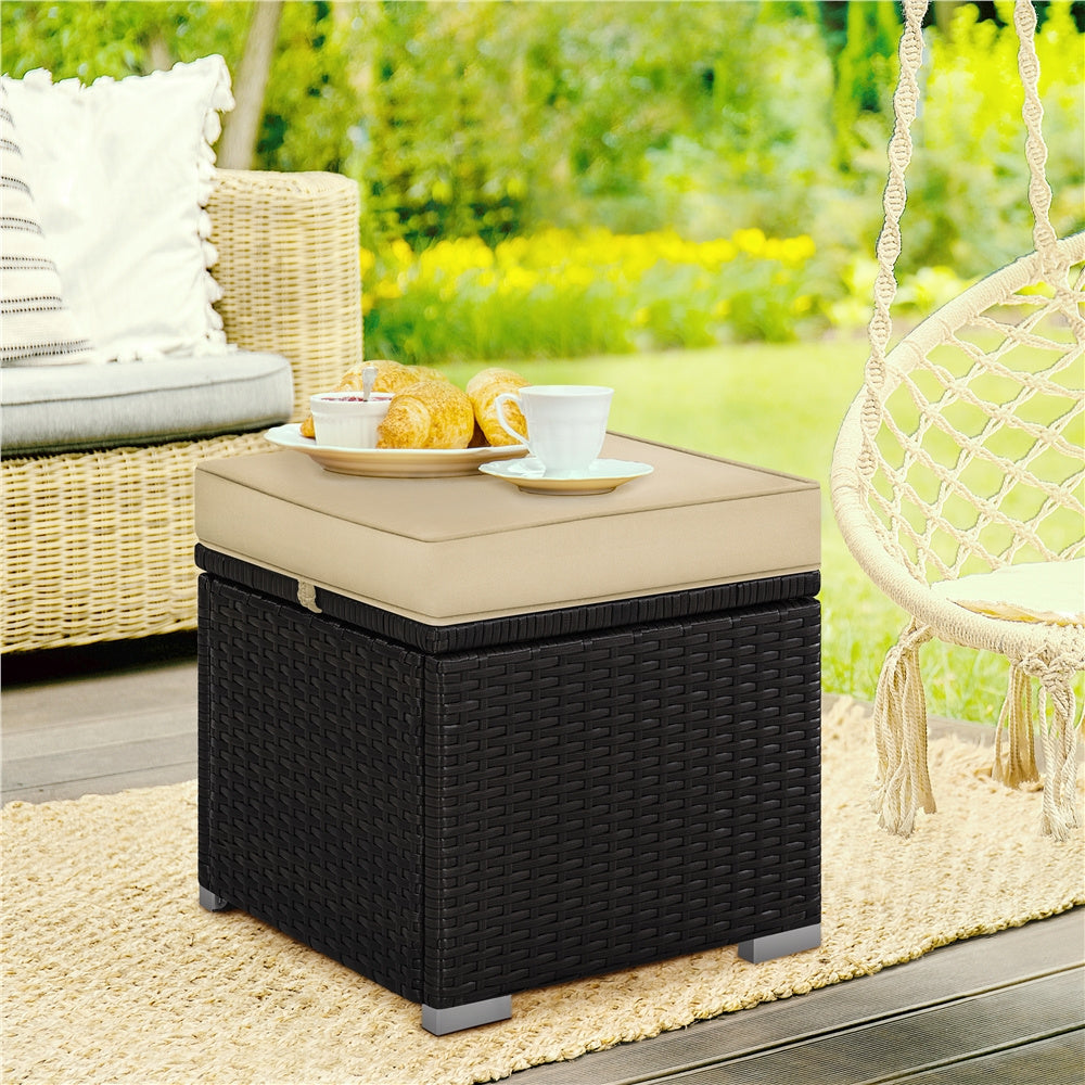 Rattan Storage Ottoman Set (2 pcs) – Outdoor Wicker Footstools with Cushions