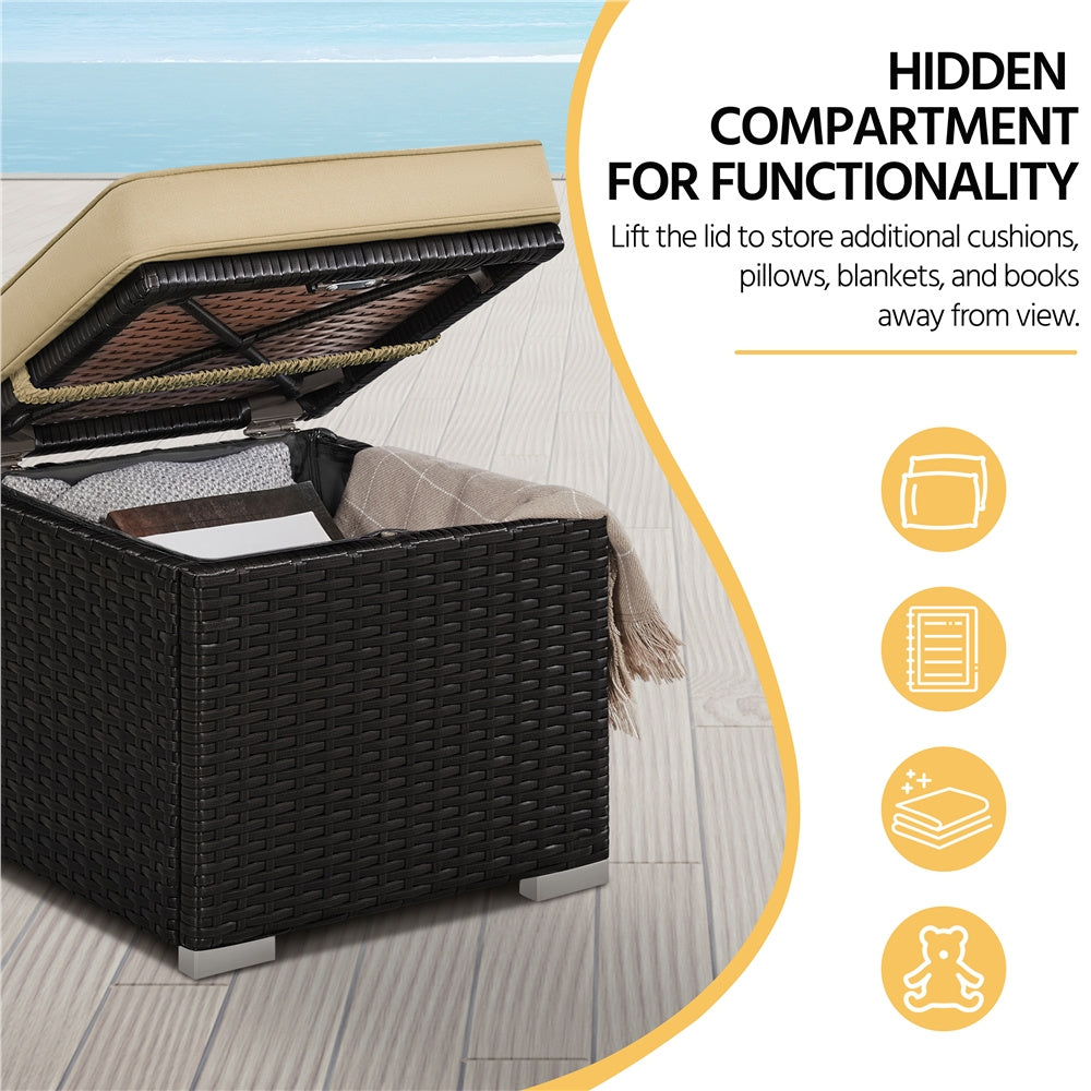 Rattan Storage Ottoman Set (2 pcs) – Outdoor Wicker Footstools with Cushions