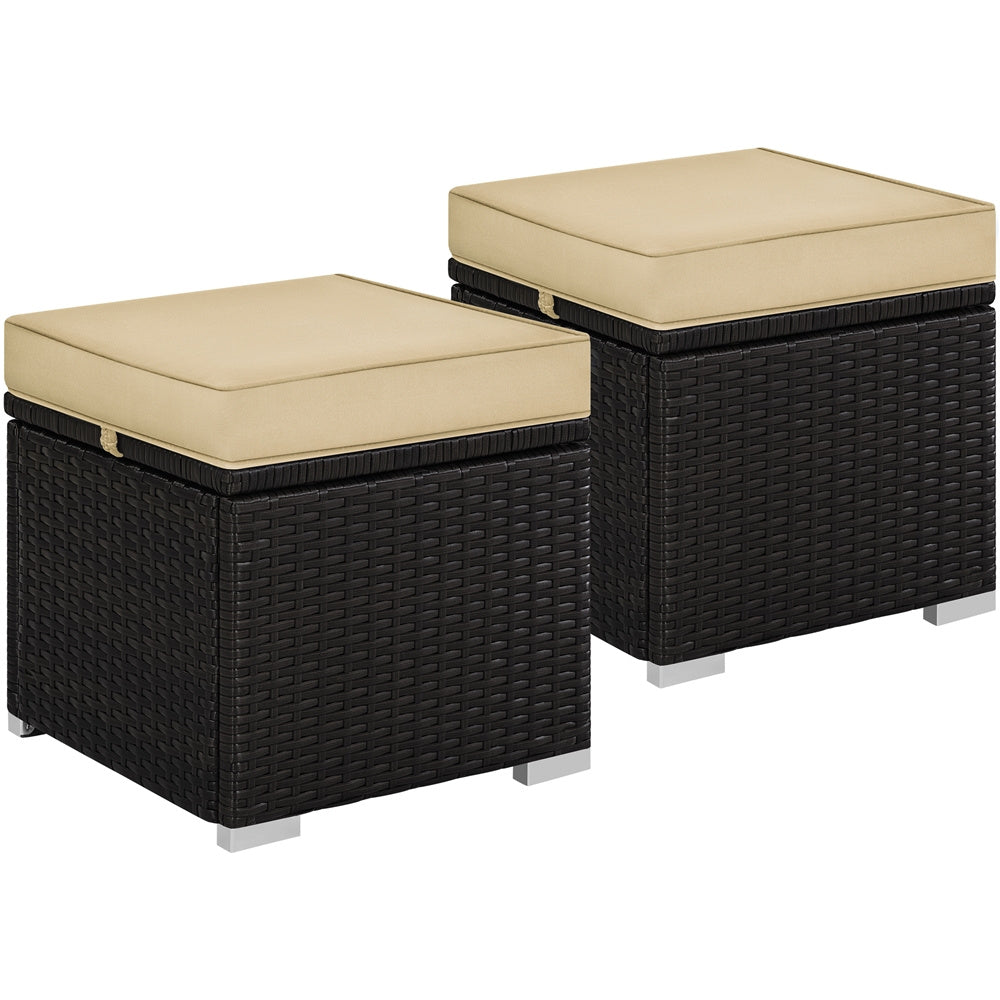 Rattan Storage Ottoman Set (2 pcs) – Outdoor Wicker Footstools with Cushions