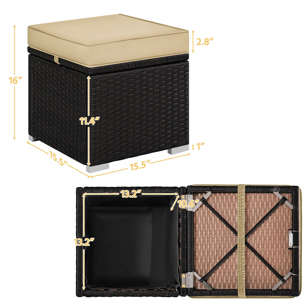 Rattan Storage Ottoman Set (2 pcs) – Outdoor Wicker Footstools with Cushions