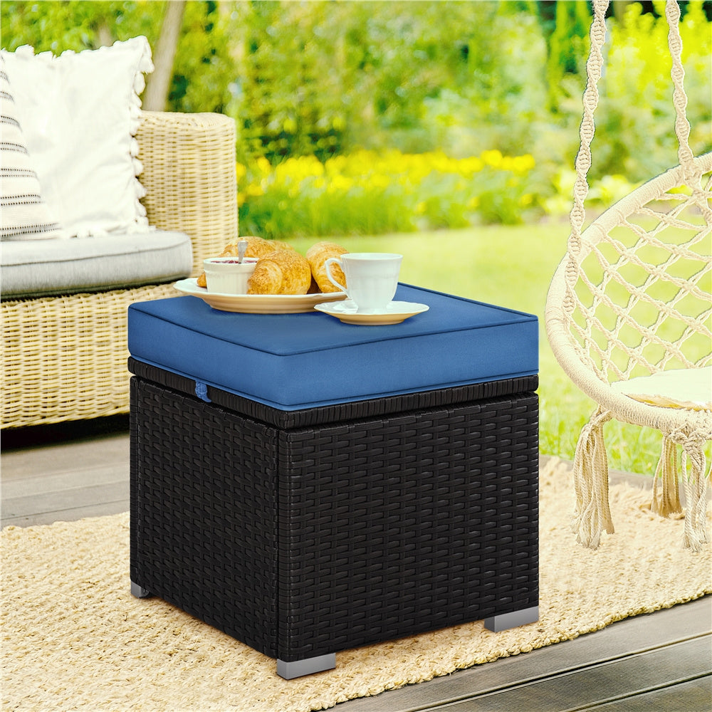 Rattan Storage Ottoman Set (2 pcs) – Outdoor Wicker Footstools with Cushions
