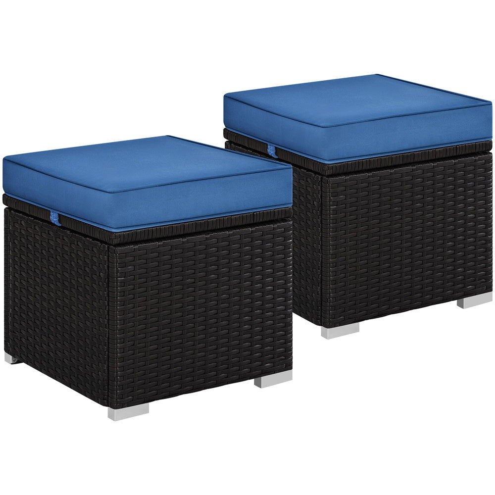 Rattan Storage Ottoman Set (2 pcs) – Outdoor Wicker Footstools with Cushions