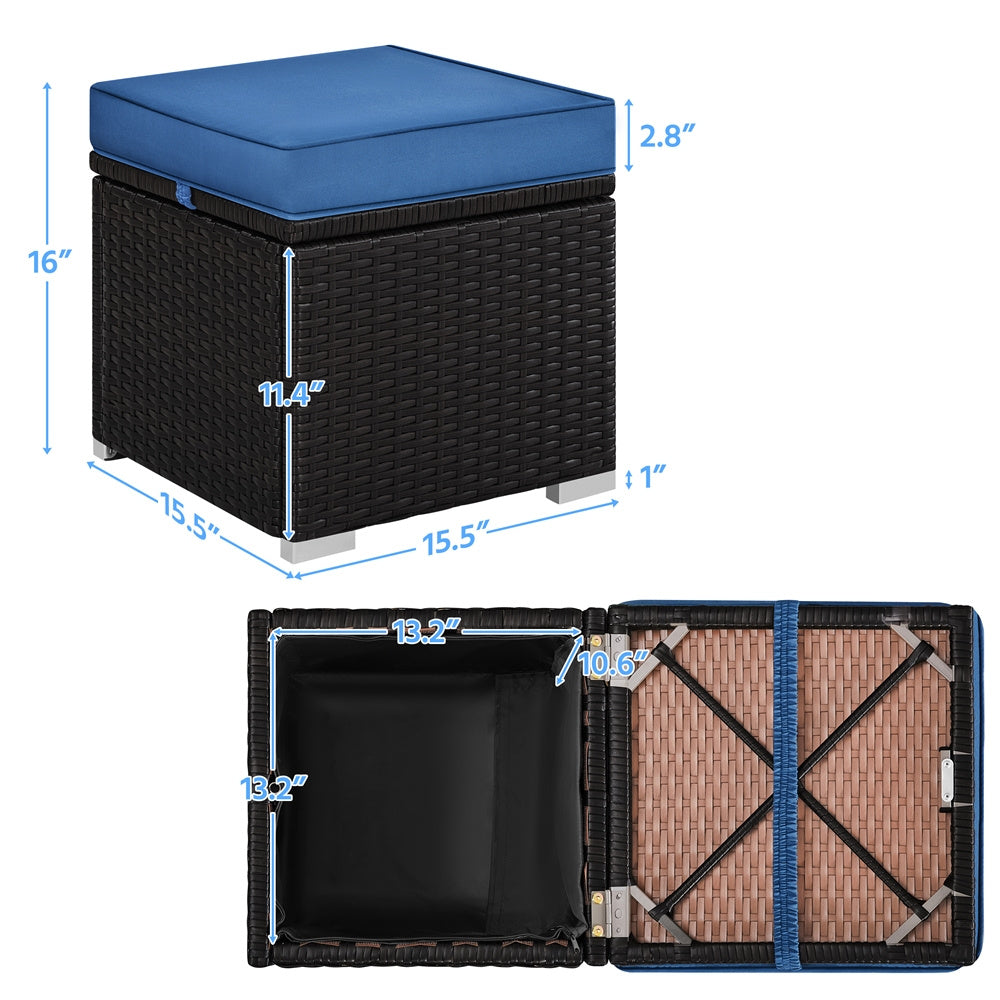 Rattan Storage Ottoman Set (2 pcs) – Outdoor Wicker Footstools with Cushions