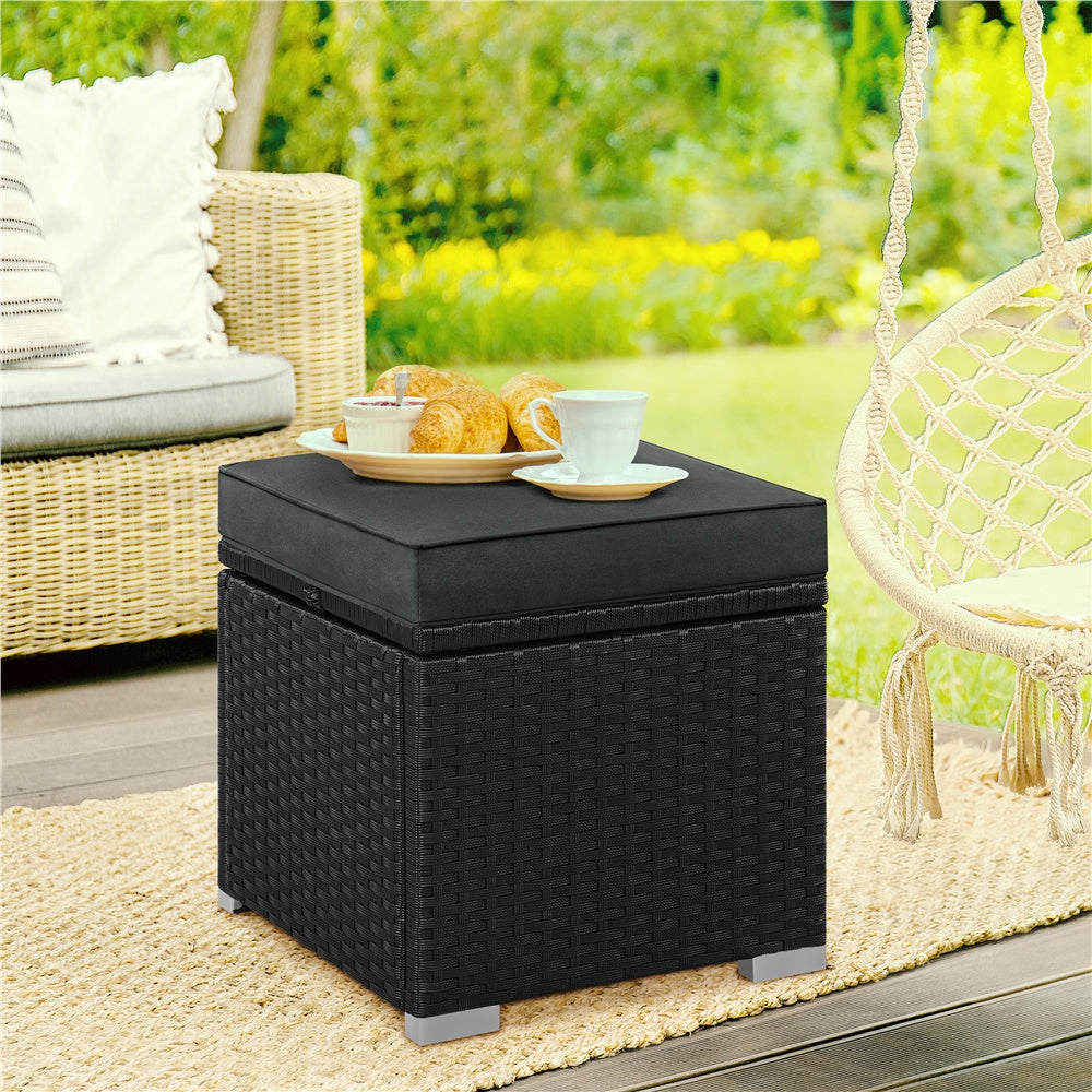 Rattan Storage Ottoman Set (2 pcs) – Outdoor Wicker Footstools with Cushions