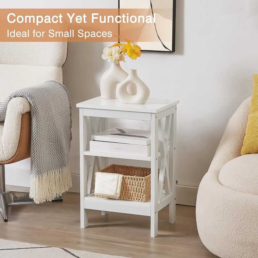 End Table Set of 2 | 24" Tall White Nightstand with 3-Tier Shelves