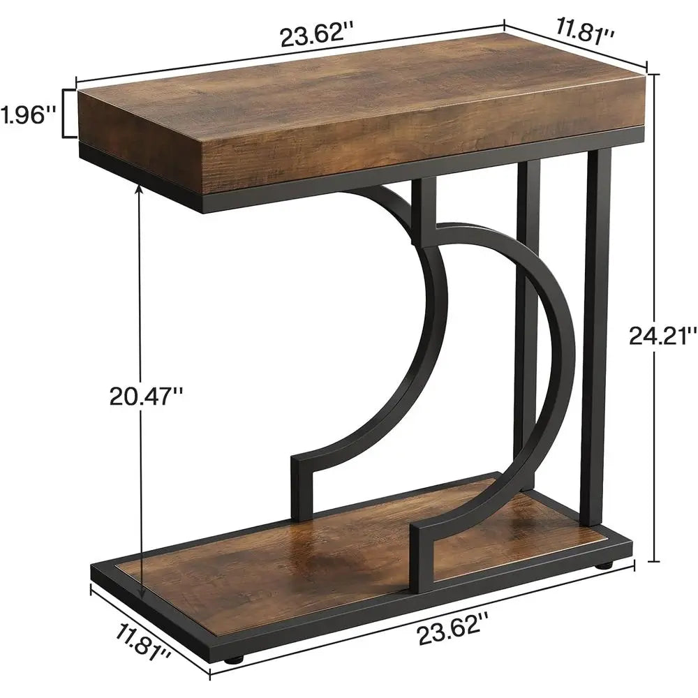 C-Shaped Narrow Side Table | Brown & Black Metal Frame | Bedside & Couch Table