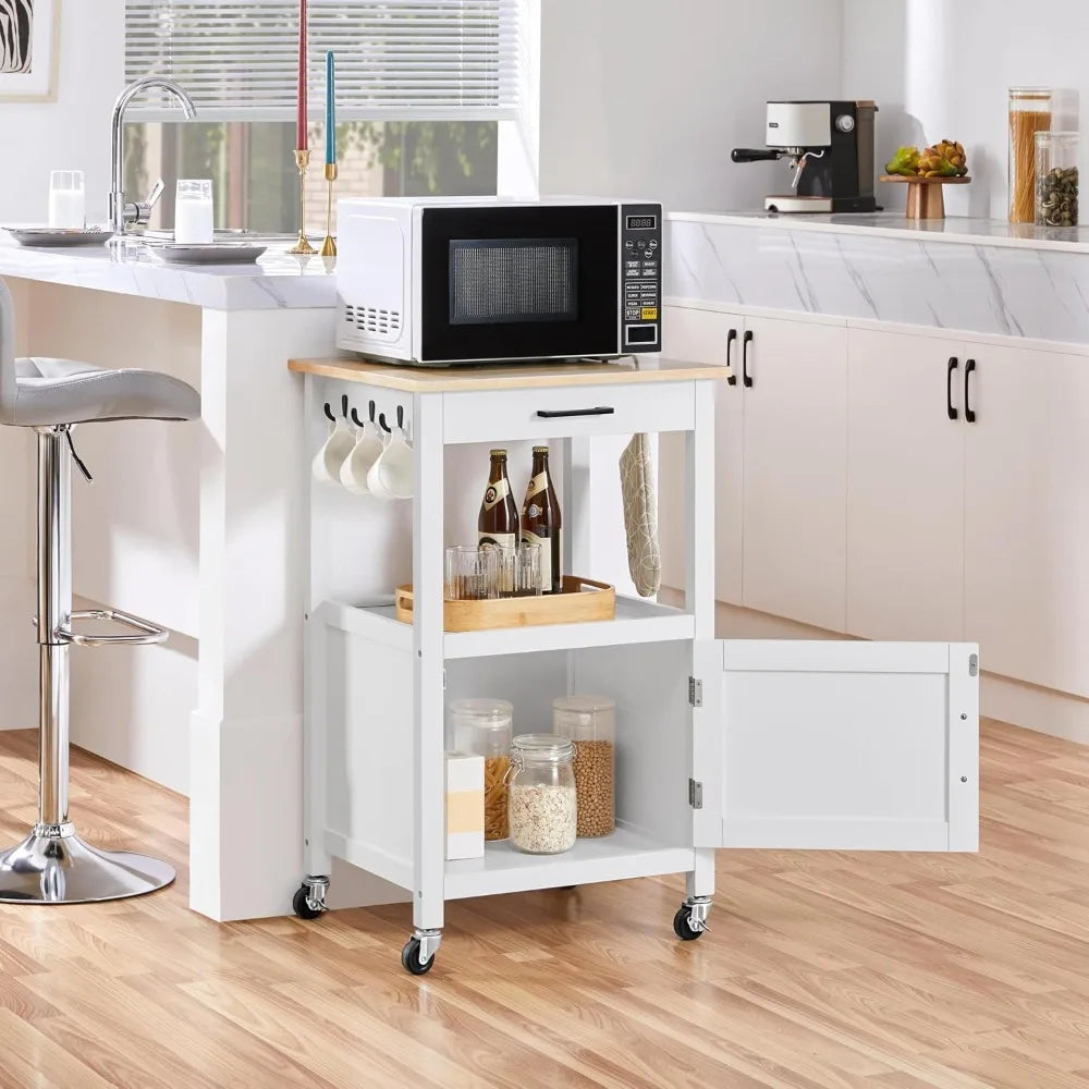 Rolling Kitchen Island Cart with Storage, Wood Top, 6 Hooks, White