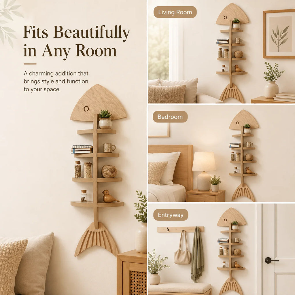 Cute Fish Skeleton Design Wooden Wall Decor Shelf, Multi-Tier Hanging Display Floating Shelves for Small Plants, Figurines, Books, Bathroom & Farmhouse Wall Decoration