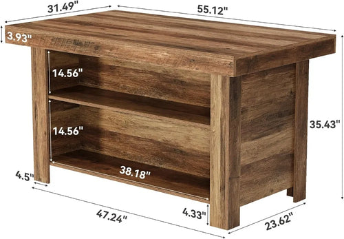 55" Kitchen Island with Storage, 3-Tier Farmhouse Stationary Table, Large Worktop, Rustic Brown