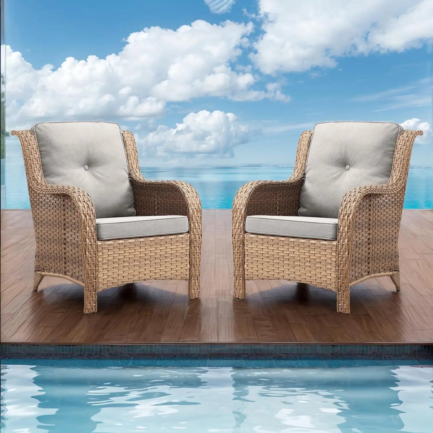 Patio Furniture Chairs Outdoor Chair - 2 Piece Wicker Rattan Chairs Set with High Back and Deep Seating for Deck, Customized