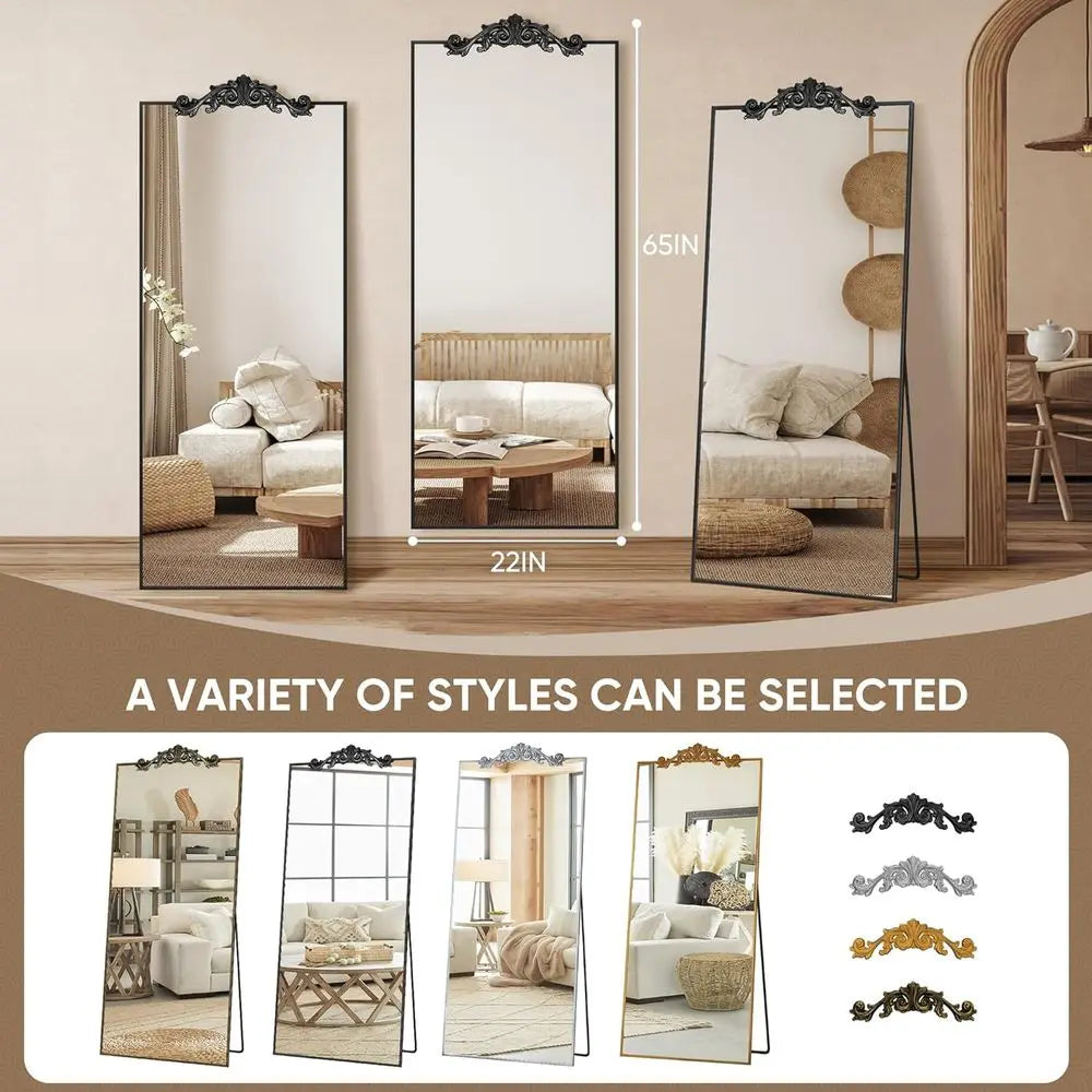 65" x 22" Large Arched Floor Mirror | Black | Bedroom, Living Room & Cloakroom
