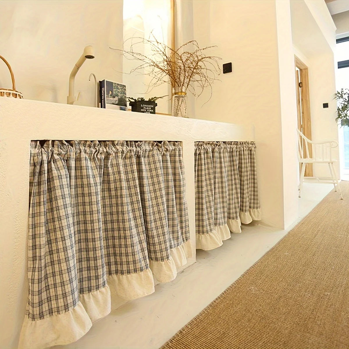Linen Ruffled Grid Half Curtain with Rod