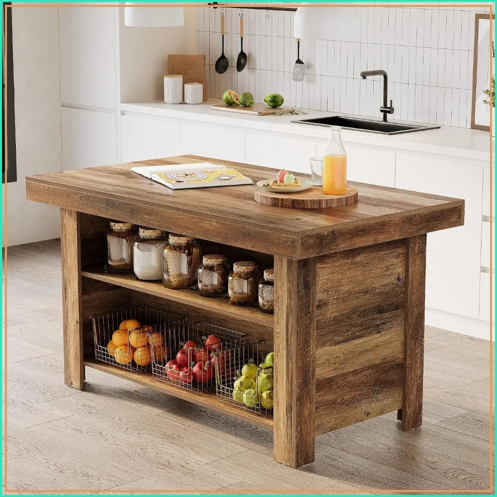 55" Kitchen Island with Storage, 3-Tier Farmhouse Stationary Table, Large Worktop, Rustic Brown