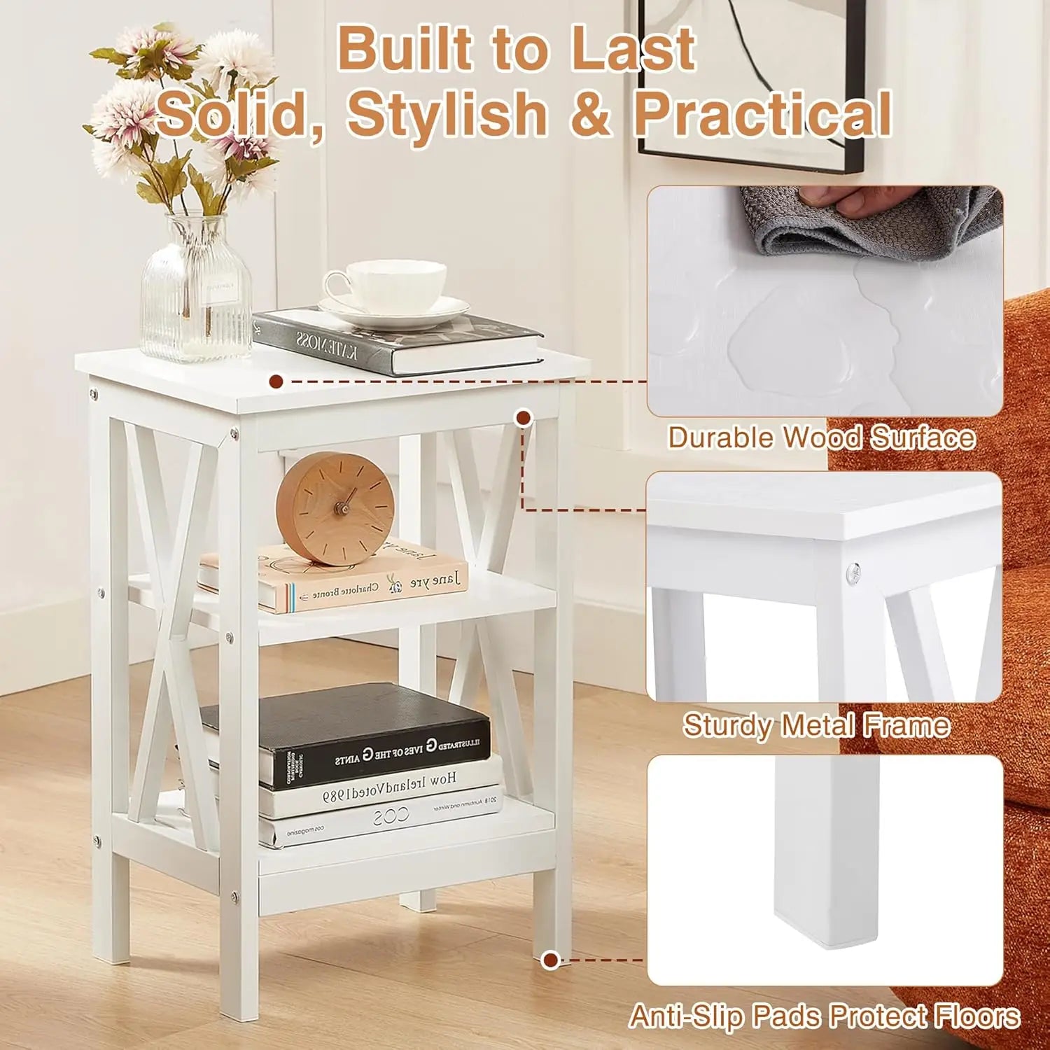 End Table Set of 2 | 24" Tall White Nightstand with 3-Tier Shelves
